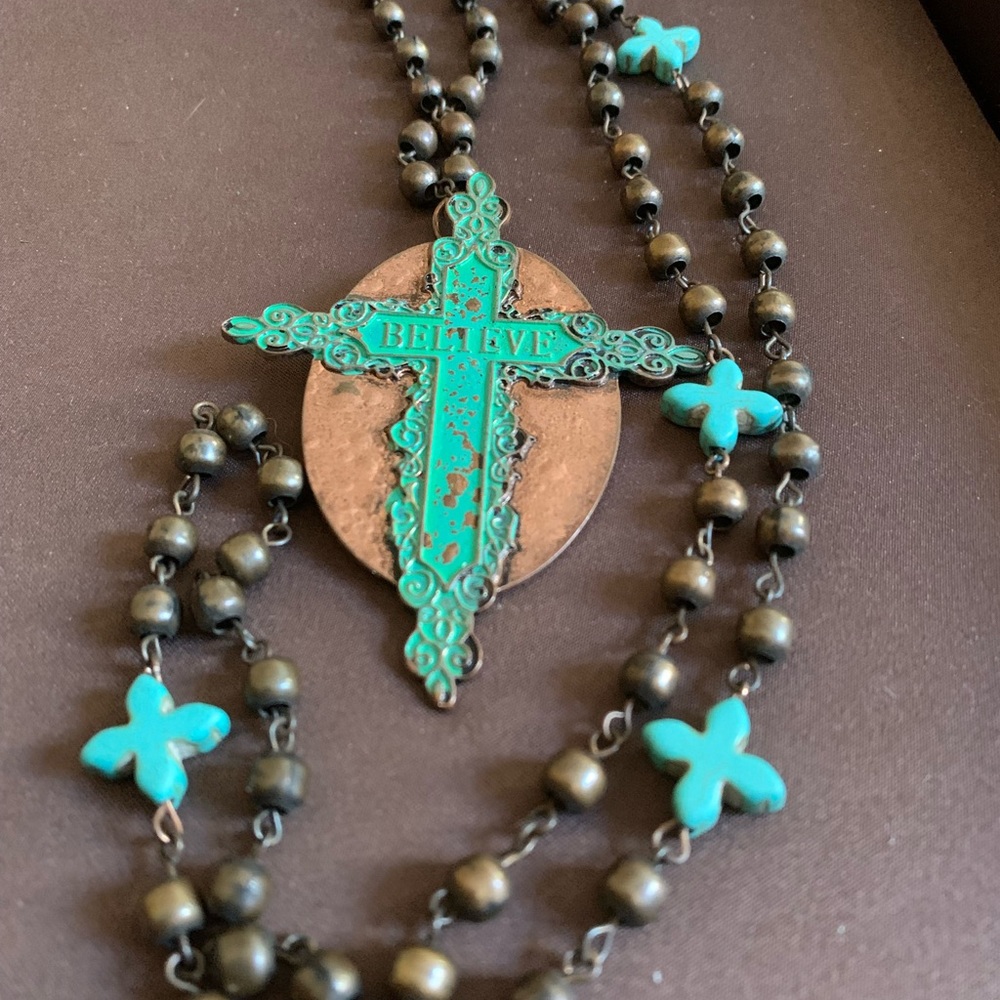 BELIEVE Copper & Patina Green Metal Beaded Costume Fashion Necklace